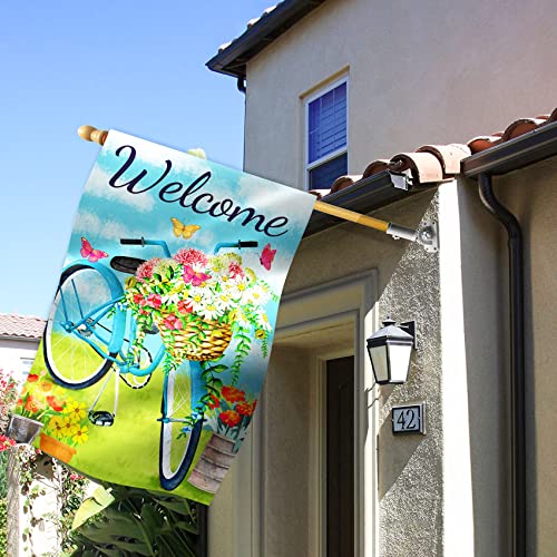 Texupday Welcome Blue Bicycle Flower Blooms Butterfly Decoration Spring House Flag Outdoor Yard Flag 28" X 40" #TOP6