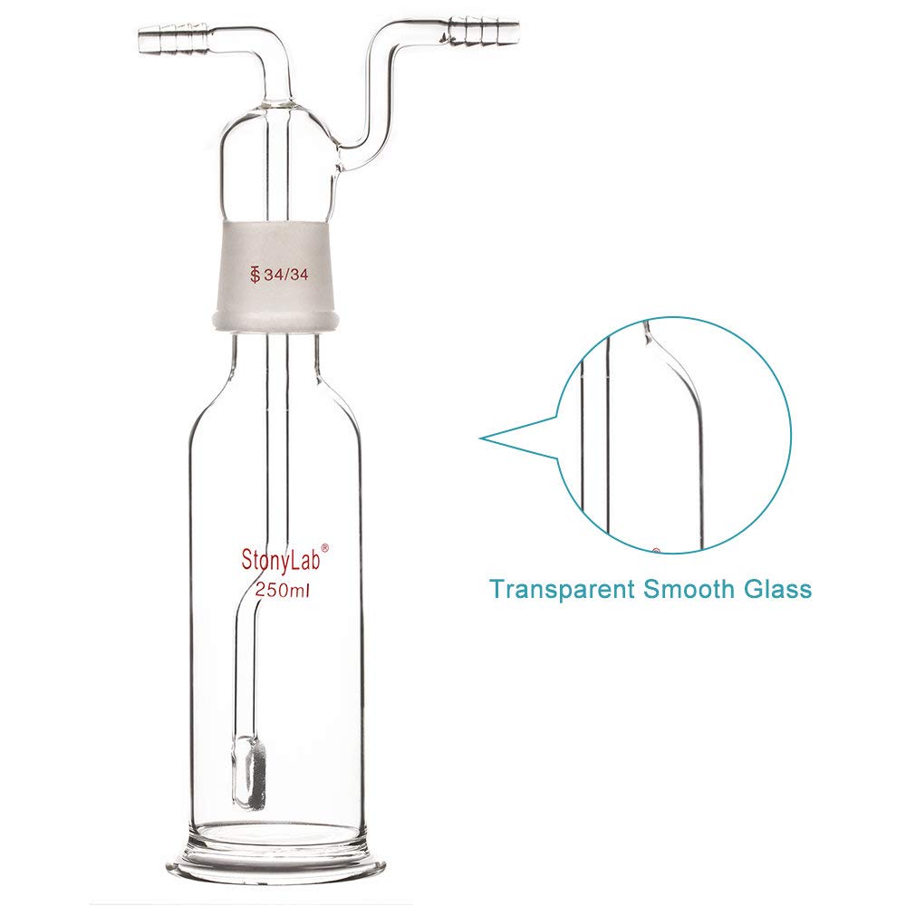 stonylab Botella de Lavado de Gas, Vidrio de Borosilicato Tapón de Gas 34/34 Gas Burbujeador Botella de Lavado con Disco Fritado y Entrada de 8 mm de Diámetro Exterior/Mangueras de Salida, 250 ml