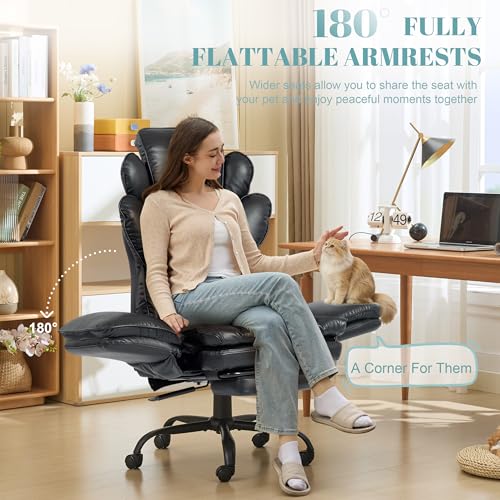 Image of Flip Armrests Criss Cross Office Chair, Reclining Office Chair with Foot Rest, Adjustable Headrest, Massage Waist Pillow, Cross Legged Big and Tall Desk Chair Wide Seat Vanity Chair, PU Leather Black