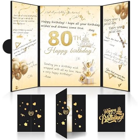 Pusunas Birthday Decorations, Happy Birthday Gifts for Men Women, 18" X 12" Large Creative Signature Guest Book Signing Birthday Card Board, Black Gold Anniversary Party Decorations (80th Black) Cover