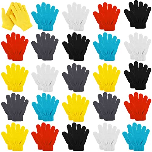 Handepo 48 Pieces Kids Gloves Bulk Stretchy Toddler Knit Warm Kids Winter Gloves Mittens Finger for Boys Girls(Yellow, Lake Blue, White, Black, Red, Gray)