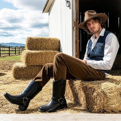 Image of Jousen Cowboy Boots for Men Leather Harness Square Toe | Retro Western Style Easy Pull-On Design Strap & Buckle Detail Engineer-Inspired Biker Motorcycle & Casual Wear