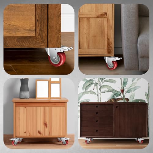 Image of 2 Inch Caster Wheels, Casters Set of 4, ASHGOOB Red Polyurethane (PU) Casters with Brake Heavy Duty, Industrial Locking Swivel Top Plate Castor Wheels for Workbench /Furniture /Cart