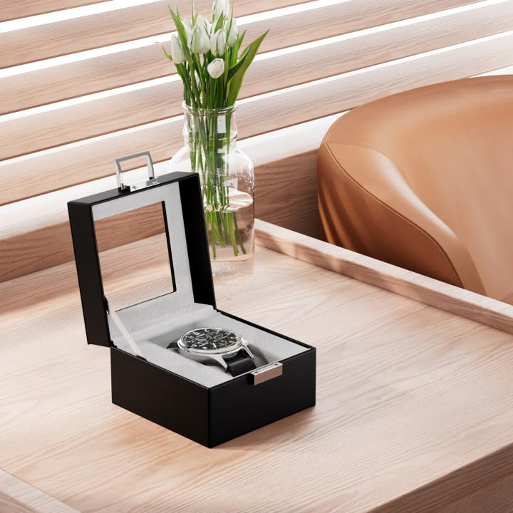 Image of ProCase Watch Box, Single Mens Watch Case, Watch Storage Holder Organizer, Watch Display Case with Glass Lid, Anniversary Birthday Valentine Gifts for Men Women -1 Slot, Black