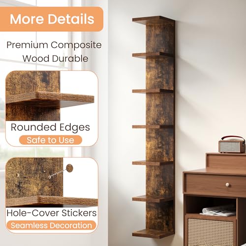 Image of upsimples 7-Tier Floating Wall Shelf, Brown Vertical Vanity Decor Shelves
