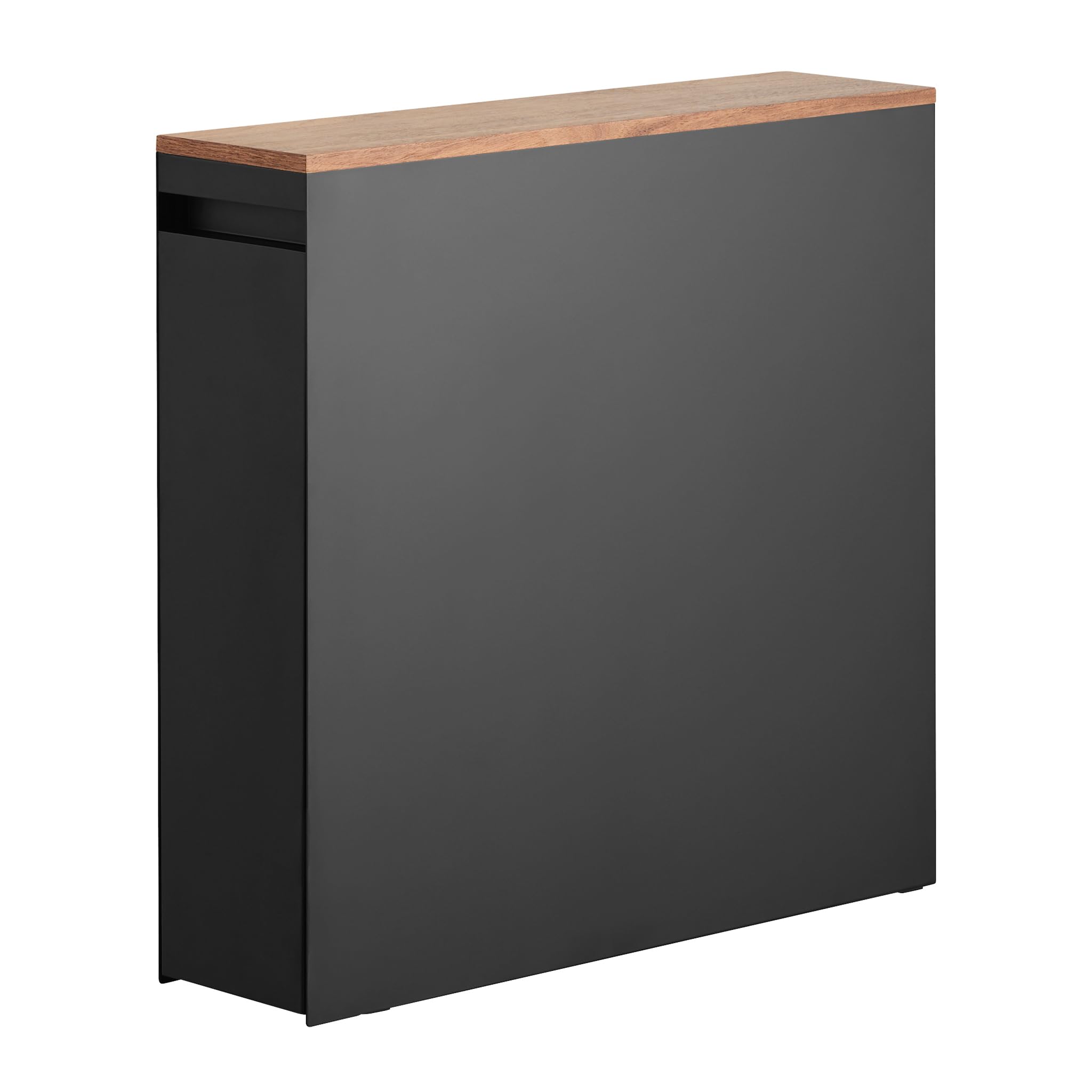 YAMAZAKI Tower Auszieh-Regal mit Holzablage aus Stahl - schmal, Organizer für Bad, WC, Küche, modern - 56 x 14 x 55 cm, Japanisches Design, schwarz