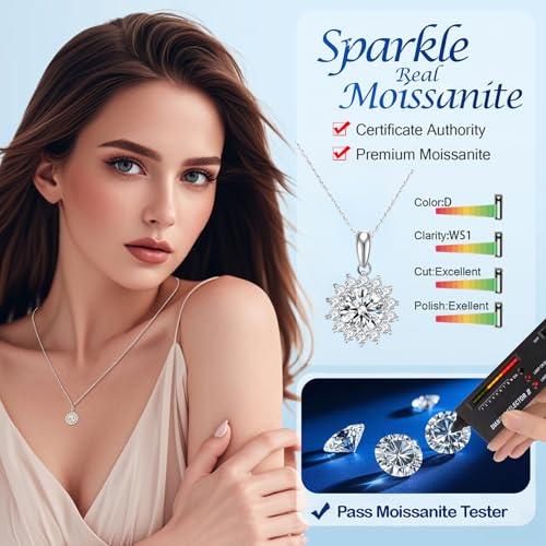 SecreTalk 1-4CT Moissanite Pendant Necklace for Women, Sunflower S925 Sterling Silver Necklace Gift for Wife Mother Her2