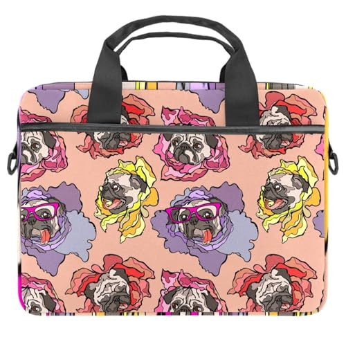 Maletín multicolor de pug con asa y correa ajustable para portátiles de hasta 14.5 pulgadas