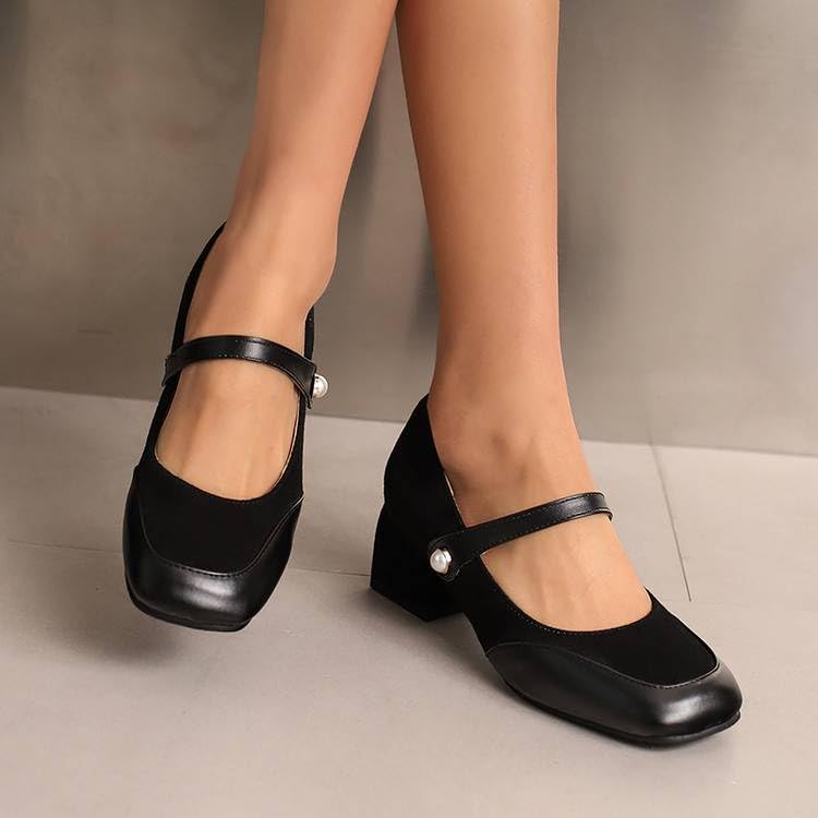 Women Vintage Mary Jane Pumps Square Toe Block Heels with Color Block3