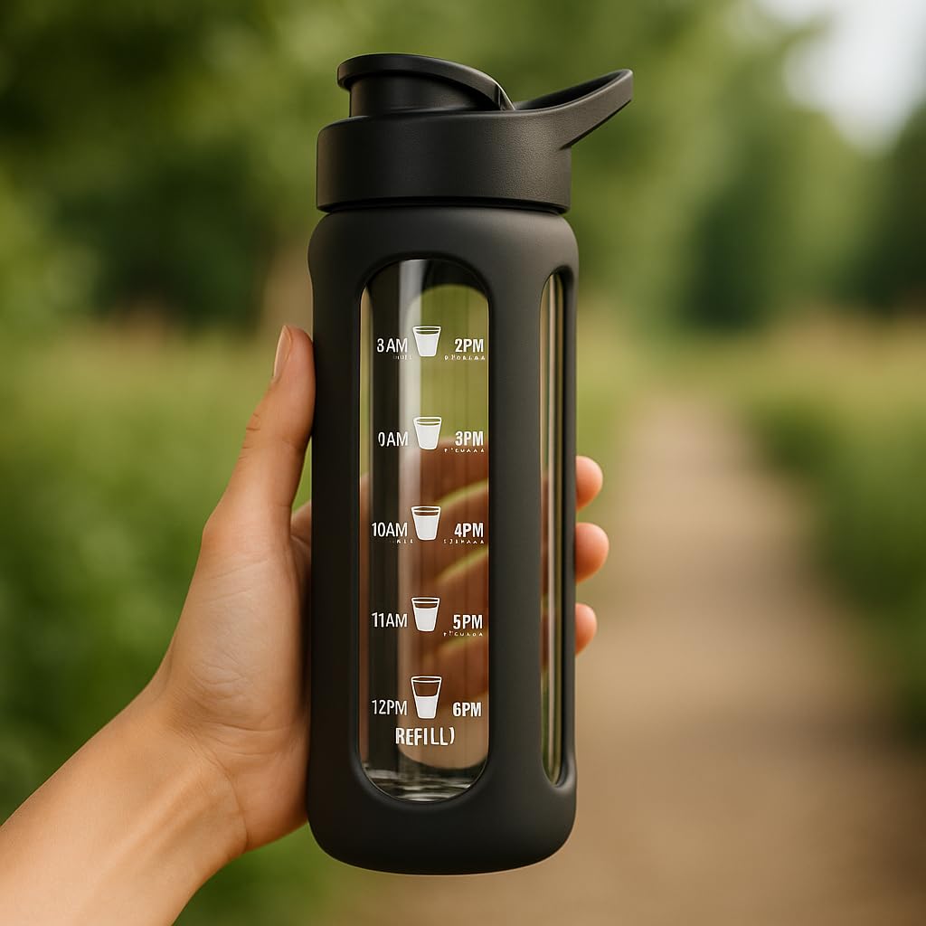 Be-Active Glass Water Bottle 700ml Flip Top with Times to Drink | Borosilicate Glass | Motivational bottles | BPA Free | Eco Friendly (Black)