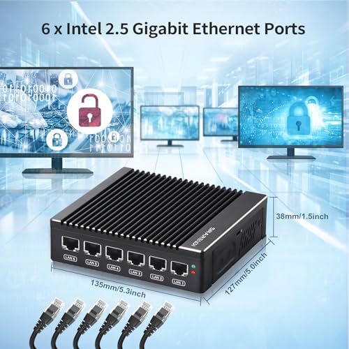 Image of Micro Firewall Appliance, Fanless Mini PC Intel N3700 4Cores /4Threads, 6X Intel 2.5 GbE i226-V LAN, AES-NI, DDR3 8GB SSD 128GB Router Network Security USB3.0 /VGA /HD