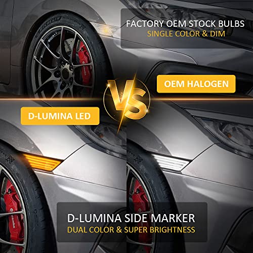 D-Lumina Switchback LED Side Marker Lights Smoked Lens Sequential LED Turn Signal for 2016-2021 10th Gen Honda Civic Si Hatchback Type R Sedan Coupe, Dynamic Amber & White Front Fender Bumper Lights