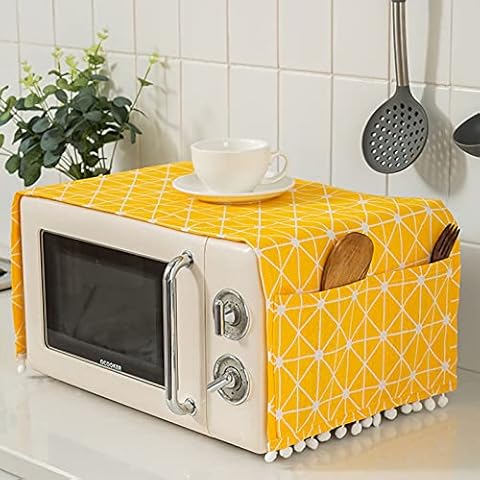 FUFRE Microwave Dustproof Cover Anti-Oil Microwave Oven Dust Cover, Microwave Oven Accessory Protective Cover with Side Pockets for Home Kitchen (Yellow Rice) Cover