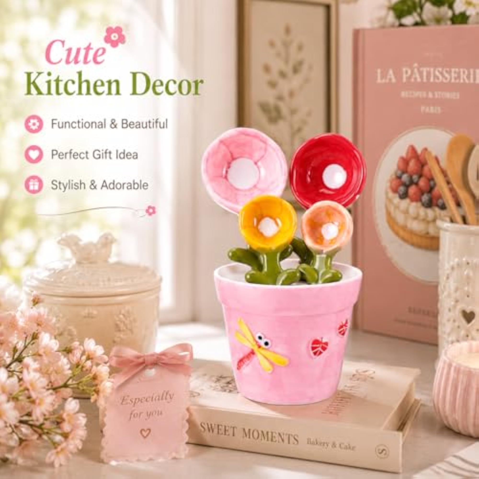 Ceramic Measuring Spoons Set with Flower Pot Holder, 4 Piece