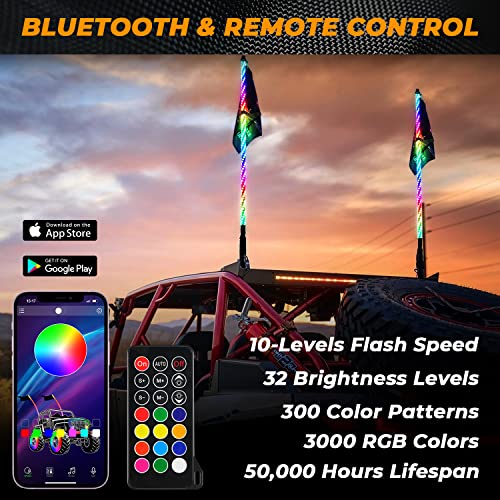 Omotor 2Pcs 3Ft Led Whip Lights High Density New Upgrade Spring Base With Bluetooth And Remote Control Spiral Rgb Chase Light Offroad 360°Spiraling Rising Dream Wrapped Dancing Whips #TOP4
