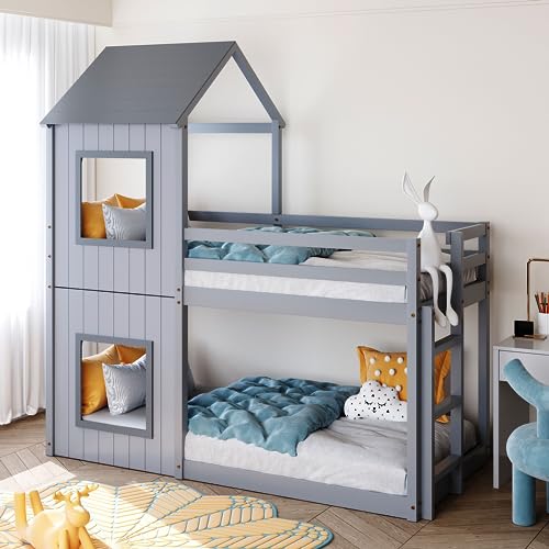 Bunk Beds for Kids, 3FT Single Bed Mid Sleeper for Children with Treehouse Canopy & Ladder, Kid’s Single Wooden Bunk Beds, Bed for Children’s Bedroom Furniture Gray