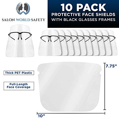 Image of TCP Global Salon World Safety Face Shields with Black Glasses Frames (Pack of 10) - Ultra Clear Protective Full Face Shields to Protect Eyes, Nose, Mouth - Anti-Fog PET Plastic, Goggles