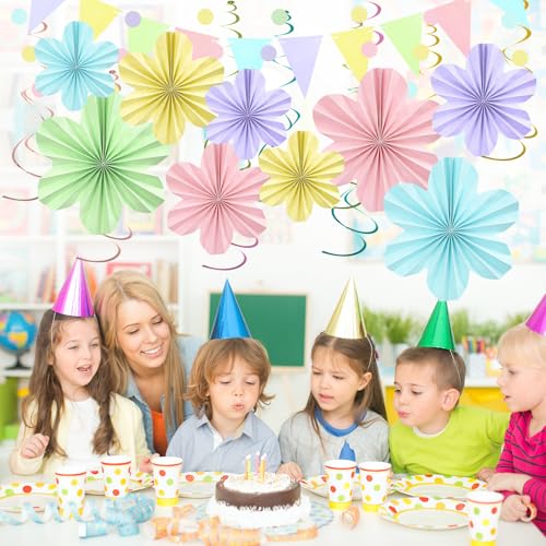 Image of Pastel Rainbow Birthday Party Decorations with Paper Flowers Tassel Garland | Pastel Macaron Rainbow Decor for Classroom Baby Shower for Kids Easter parties Carnival Theme Hanging Supplies