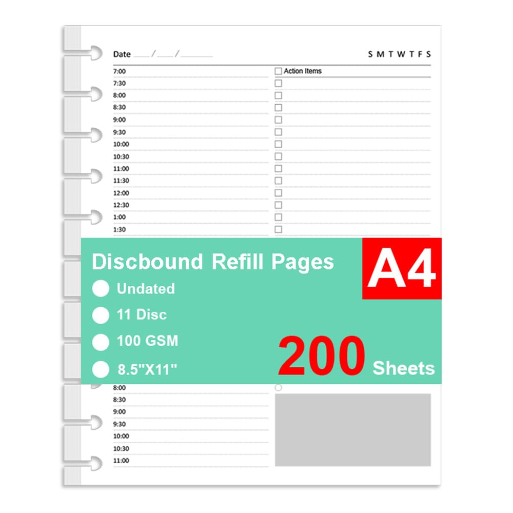 (2 Pack) Letter Size Undated Daily Planner Refills, A4 Disc Paper for TUL System, 11 Disc Planner Inserts, Total 200 Sheets/400 Pages, College Ruled, 8.5 X 11 Inch, Undated Planners Refills