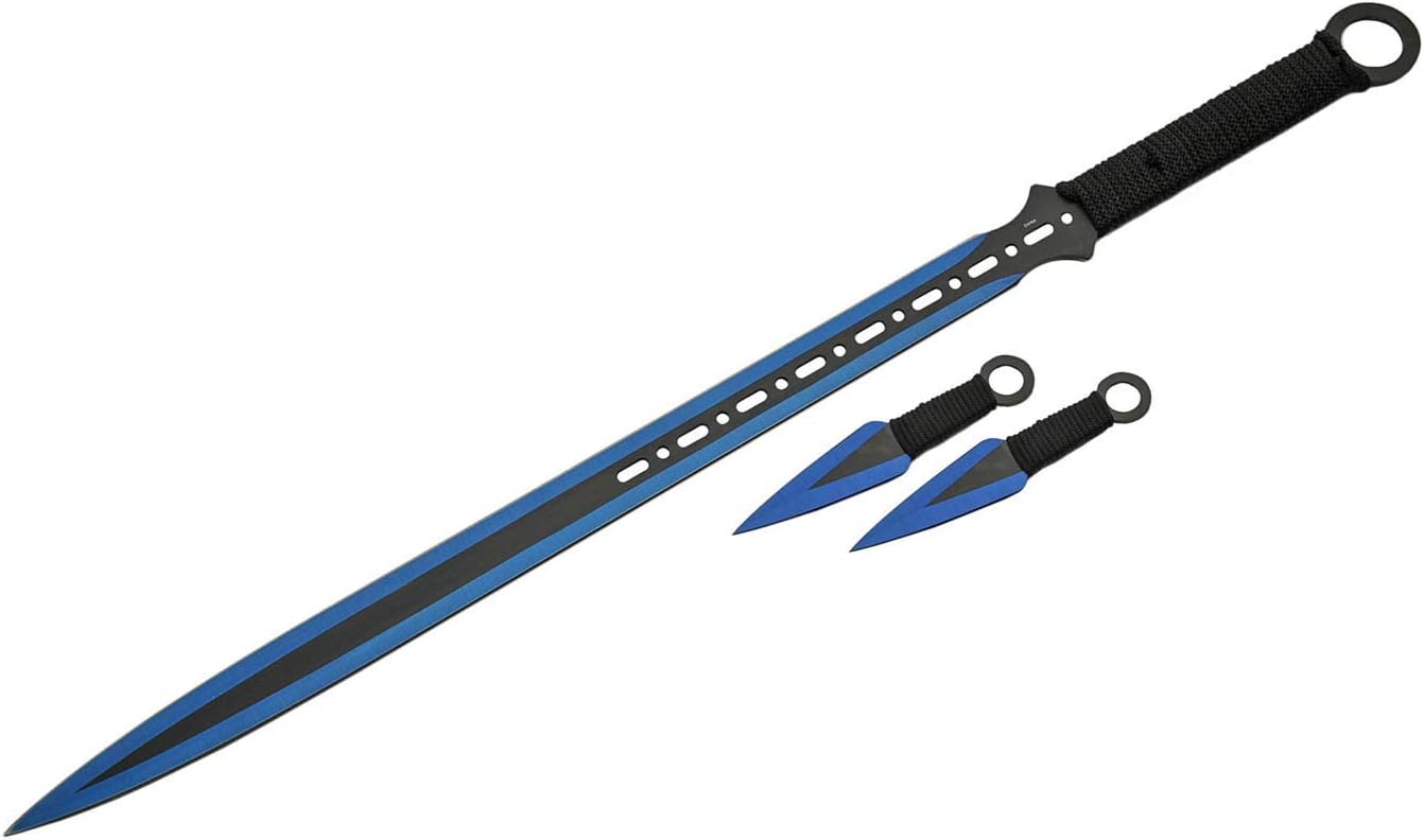 SZCO 28" Ninja Sword Set – Blue & Black Stainless Steel Blade with 2 Throwing Knives – Full Tang Combat Machete with Nylon Sheath – Tactical Katana with Wrapped Handle