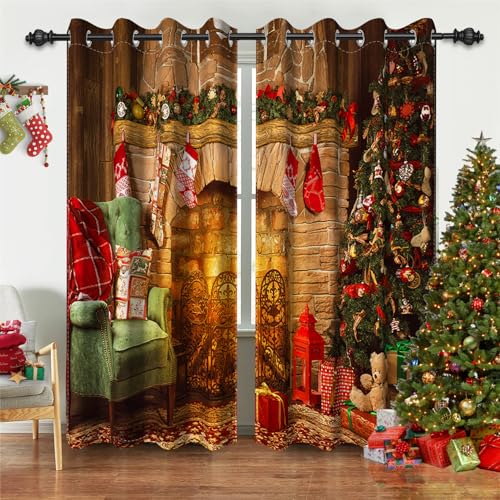 Renaiss Cortinas opacas de Navidad para dormitorio, árboles de Navidad, calcetines, regalos, cortina de ventana de invierno, cortinas de ventana para decoración de sala de estar, cortinas de