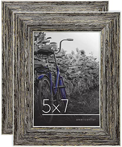 Americanflat 5x7 Picture Frame with Polished, Crystal Clear Glass - Set of 2 - Hampton Collection - Distressed Wood Picture Frames for Tabletop and Wall Display - Rustic Tan