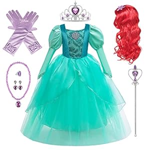 Emin Kinder Meerjungfrau Kostüm mit Accessoires und Perücke Mädchen Ariel Prinzessin Verkleidung Weihnachten Geburtstag Party Halloween Karneval Cosplay Prinzessin Kleid Grün, 120