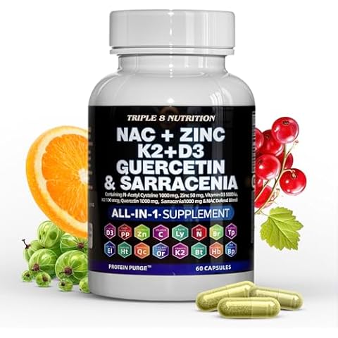 TRIPLE 8 NUTRITION NAC Supplement N-Acetyl Cysteine 1000mg Vitamin D3 K2 Zinc Quercetin 1000mg Sarracenia Purpurea 1000mg with Elderberry Holy Basil Bee Propolis Bromelain L-Lysine - 60 Count Cover