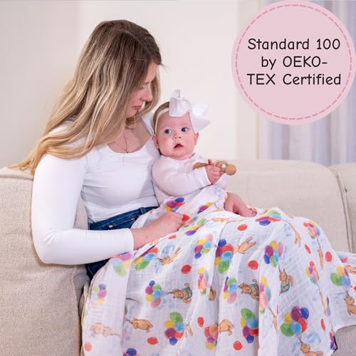Image of LollyBanks Muslin Swaddle Blankets, 100% Cotton Neutral Baby Blanket for Boys and Girls, Soft and Lightweight 47 x 47 Inches Newborn Swaddles, Toddler Blanket, Baby Essentials (Bear Balloon Print)