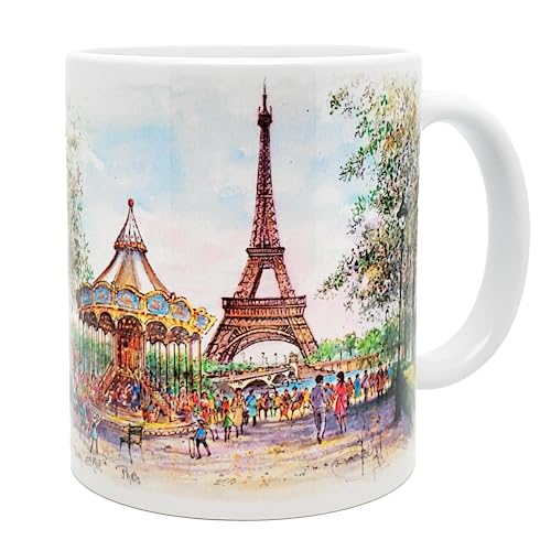 DESSAPT Arts - Paris, le Carrousel de la Tour Eiffel en Aquarelle - Mug Céramique 325 ml - Tasse-Cadeau Unique avec les Magnifiques Paysages Parisiens -...