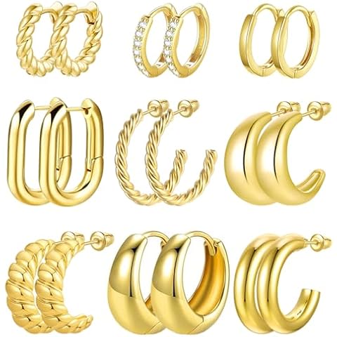 Cocamiky 9 Pairs Chunky Gold Hoop Earrings Set for Women,14K Real Gold Plated Hypoallergenic Thick Small Huggie Hoops with 925 Sterling Silver Post Cover