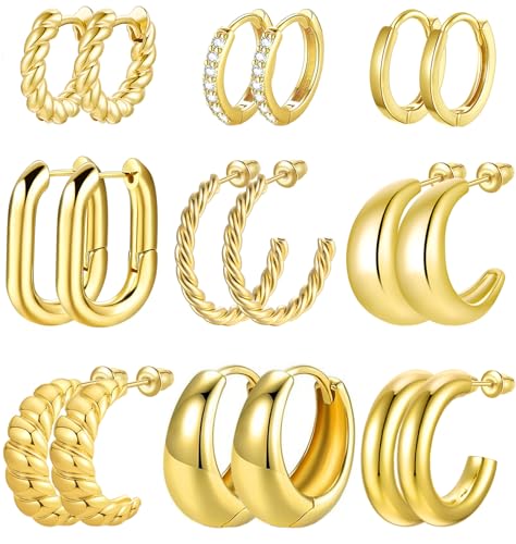 9 Pairs Silver Gold Hoop Earrings for Women Girls Set,Small 14K Gold Plated Lightweight Huggie Earrings Hypoallergenic Chunky Open Hoops Earrings Trendy Gif