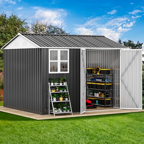 Image of DWVO 10x8ft Large Tool Storage Shed with Window, Lockable Doors, and Sloped Roof, Oversized Steel Outdoor Storage Shed for Garden, Patio, Garage, Backyard, Lawn - Gray & White