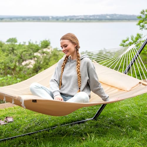 Image of SUNCREAT Hammocks Extra Large Double Hammock with 12 ft Stand, 475lbs Capacity, Outdoor Portable Hammock with Hardwood Spreader Bar, Extra Large Pillow, Beige