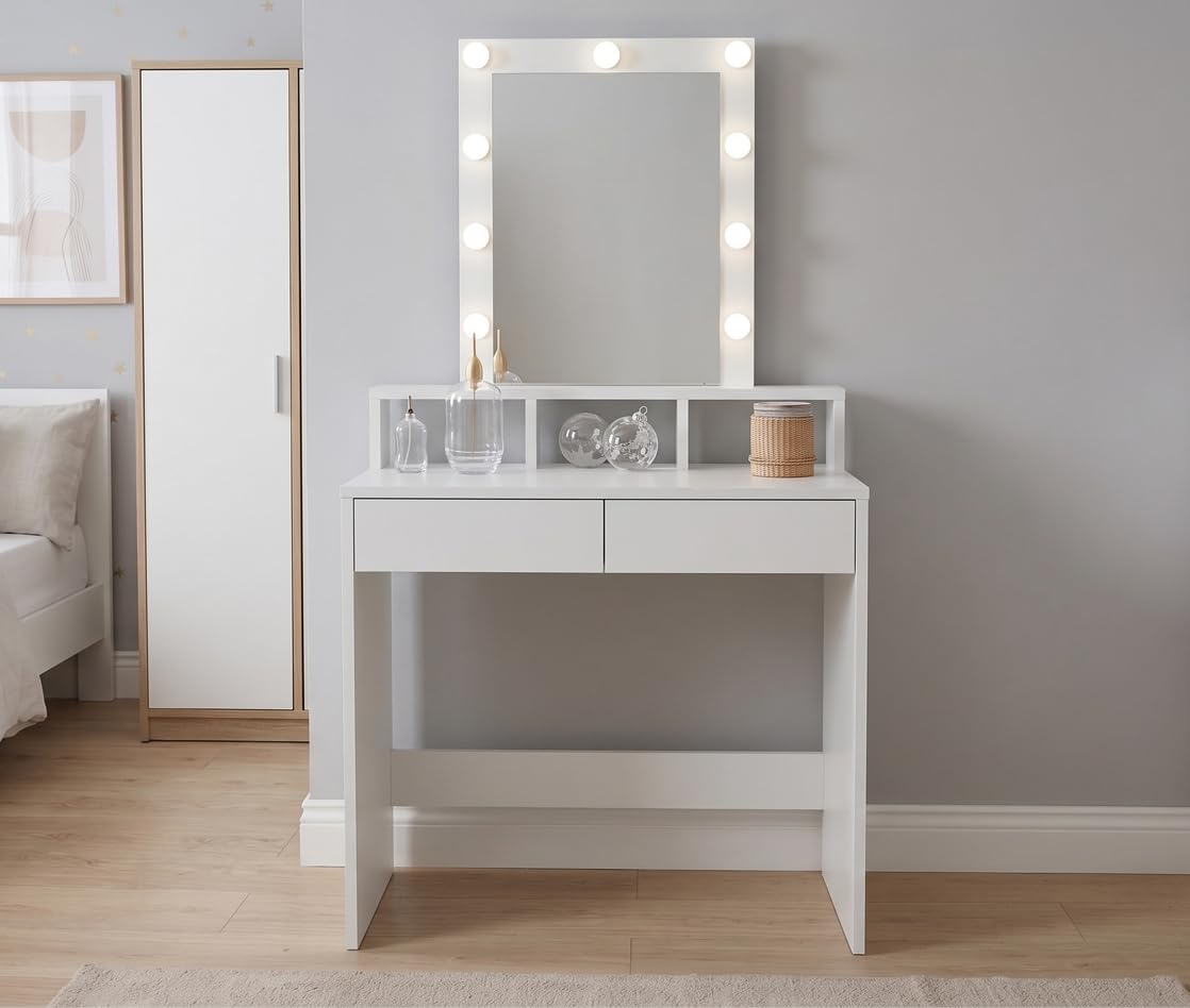DORMIDAN Tocador de Maquillaje Grande con Espejo y Luces Led. Mesa 2 cajones y 2 estantes (Blanco)