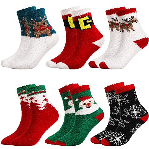 QKURT Calcetines de Navidad, 6 pares de pantuflas de Santa mullidas Calcetines de invierno cálidos y gruesos para el hogar con patrón de Navidad en 3D para mujeres y niñas