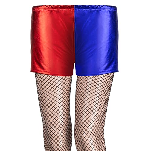 Boyiee 2 peças de fantasia de Halloween shorts femininos azuis e vermelhos de couro sintético meias
