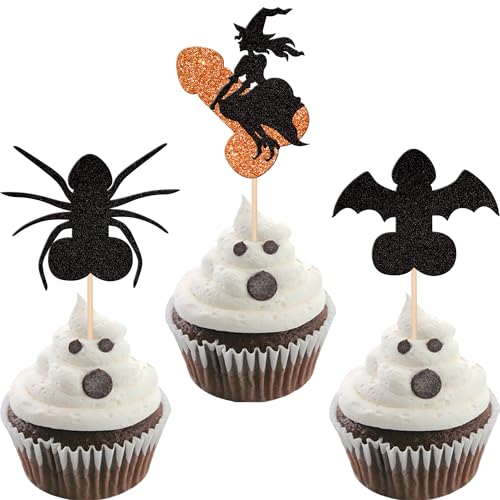 24 PCS Halloween Bachelor Party Cupcake Toppers Glitter Spider Witch Bat Halloween Cupcake Picks for Halloween Theme Birthday Bachelorette Hen Funny Party Cake Decorations Supplies