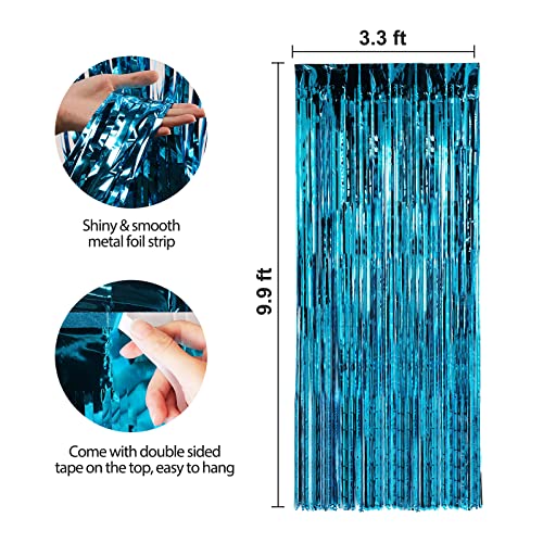 Image of Crosize 3 Pack 3.3 x 9.9 ft Blue Foil Fringe Backdrop Curtain, Streamer Backdrop Curtains, Streamers Birthday Party Decorations, Tinsel Curtain for Parties, Galentines Decor, Preppy, Photo Booth