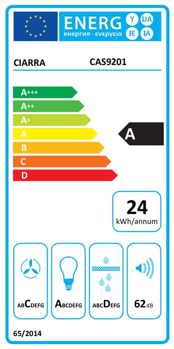 CIARRA CAS9201A Hotte Aspirante 90 cm Classe A - 370m³/h - Recyclage ou Evacuation - Cheminée Extensible - Hotte Noire - Acier Inoxydable