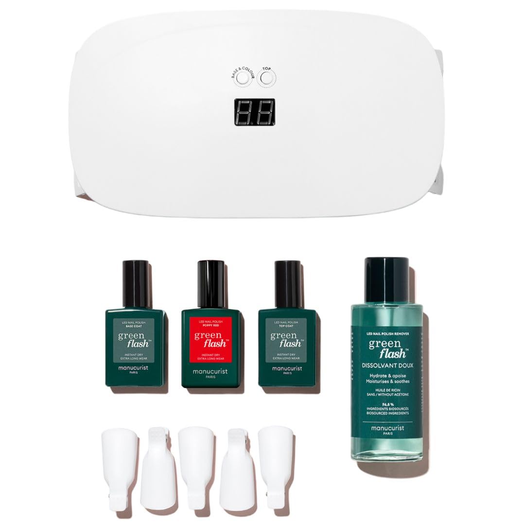 Manucurist Kit Semipermanente Unghie Rosso Poppy Red - Kit Unghie Gel Completo: Lampada UV LED Unghie Professionale 24W, Base & Top Coat, Gel Unghie, Solvente, Pinze - Idee Regalo Donna