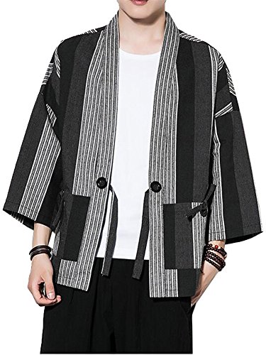Men's Cotton Linen Retro Striped Kimono Cardigan Cloak Jacket 2XL (Black Striped, Medium)