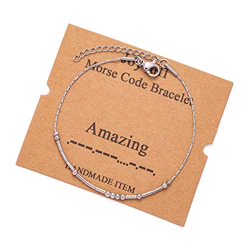 Image of JoycuFF Inspirational Morse Code Bracelets for Women Silver Beads Jewelry Encouragement Mantra Gifts for Her