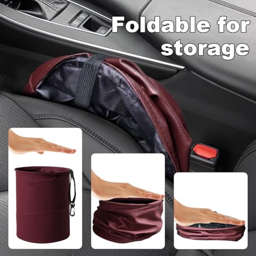 Image of Collapsible Trash Can Car Garbage Bag - Leather Pop-up Car Trash Bin with Elastic Band - Hanging Foldable Garbage Can Vehicle Waste Basket Bin - Double-Layer Washable Bag for Cars Camping (Red)