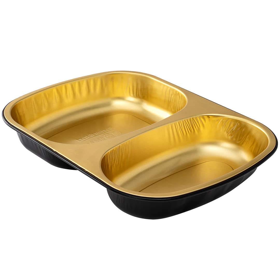 Restaurantware Foil Lux - Recipientes de aluminio para alimentos de 28 onzas, 100 bandejas rectangulares de aluminio, las tapas se venden por separado, 2 compartimentos, recipientes de aluminio negro