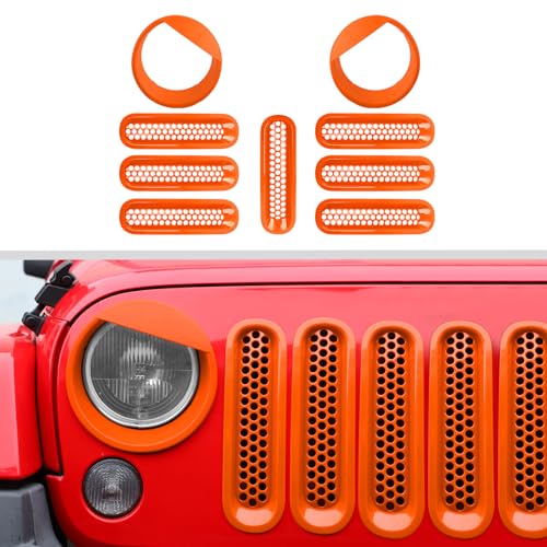 Image of JWWY Front Grille Insert Radiator Grille Grillwork Surround Assembly Inserts Headlight Headlamp Cover Trim Set Fit for 2007-2017 Jeep Wrangler JK JKU Exterior Accessories 9pcs Orange