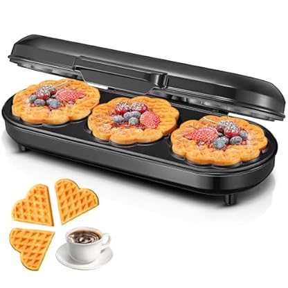 FOHERE King Size Waffeleisen, 15 Herzwaffeln in 2 Minuten, Herzwaffeleisen mit 3 Antihaftbeschichteten Backflächen für klassische Herzwaffeln, Backampel, Edelstahl, ideal für Familie & Party (silbern)