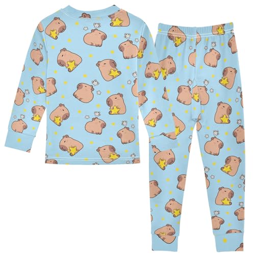 Capybara with Stars Blue Pattern Cute Pajama Sets Long Sleeve Top and Pants, Snug Fit Sleepwear for Night Wears2