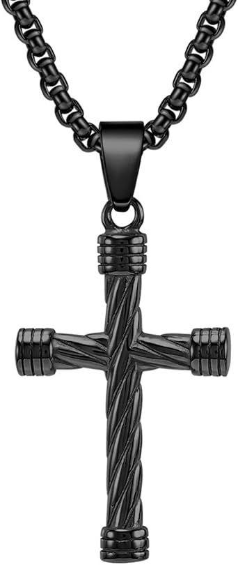 Mens Cross Necklaces Stainless Steel, Vintage Pendant Necklace Punk Lines Rolo Chain Accessories for Husband Son