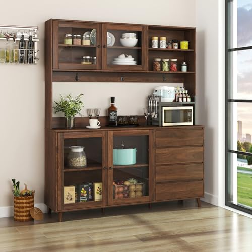 Image of 63 inch Walnut Kuchenschrank Vorratsschrank Aufbewahrungsschrank, Freistehender Kuchenschrank mit Schubladen und Turen, Gross Kuchenaufbewahrung mit Mikrowellenablage(Walnut 63 inch)
